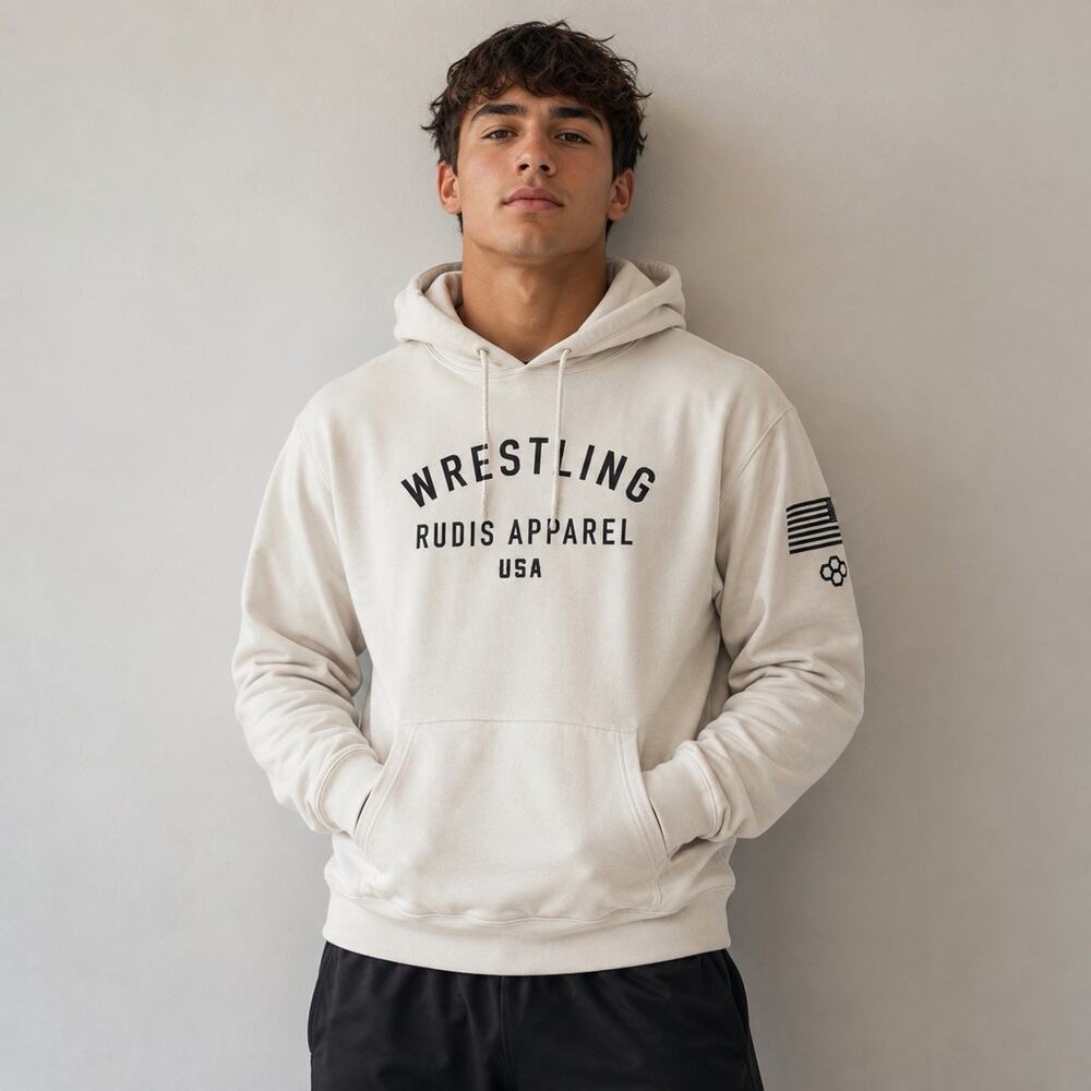 RUDIS Wrestling Hoodie Men’s Medium Cream USA Flag Pullover Sweatshirt